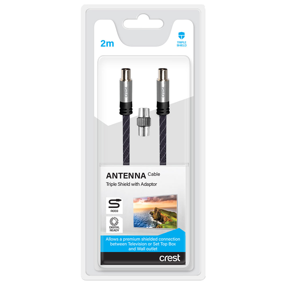 Crest 2m Triple Shield Male Antenna Cable w/ Adaptor For HDTV Coaxial Black — image 2
