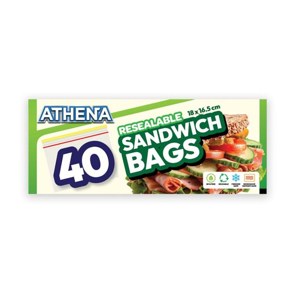 Athena Resealable Snap Lock Food Storage Sandwich Bags 18x16.5cm (40 Pack)