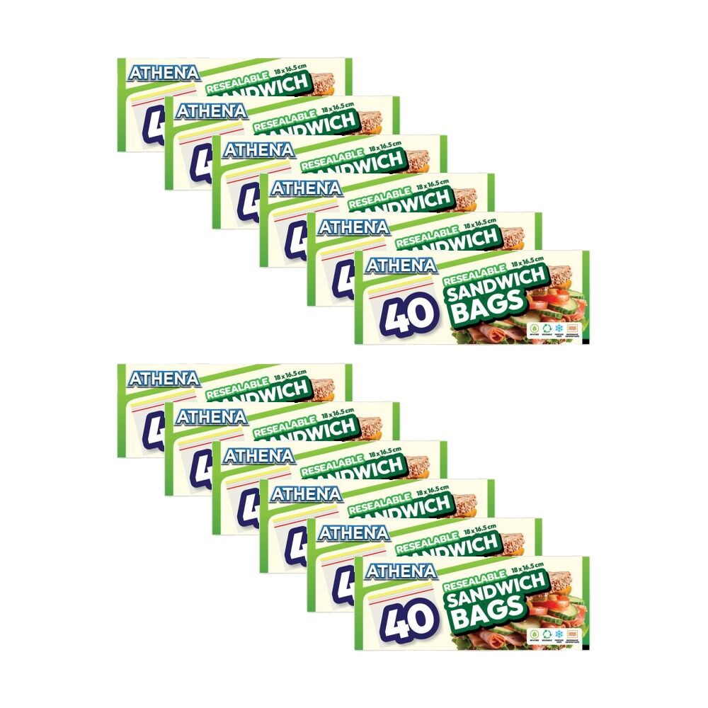 Athena 40PK Athena Resealable Snap Lock Food Storage Sandwich Bags 18x16.5cm (12 Pack)