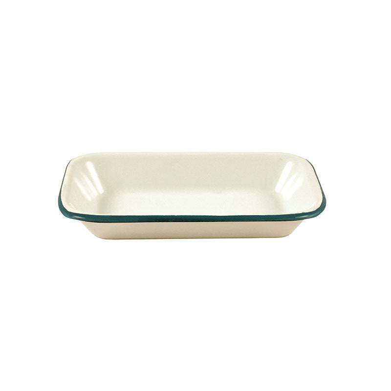 Urban Style Enamelware 14cm Pickle Tray Rectangle Bowl w/ Green Rim Cottage