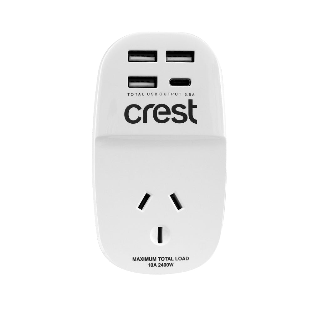 Crest 1-Socket Power Outlet Adaptor Plug Charger w/ 3x USB-A/1x USB-C Port White