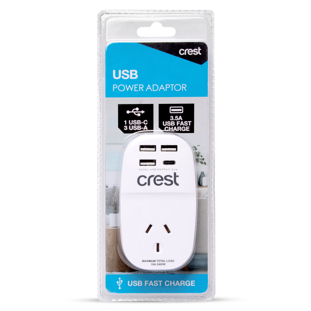 Crest 1-Socket Power Outlet Adaptor Plug Charger w/ 3x USB-A/1x USB-C Port White — image 2