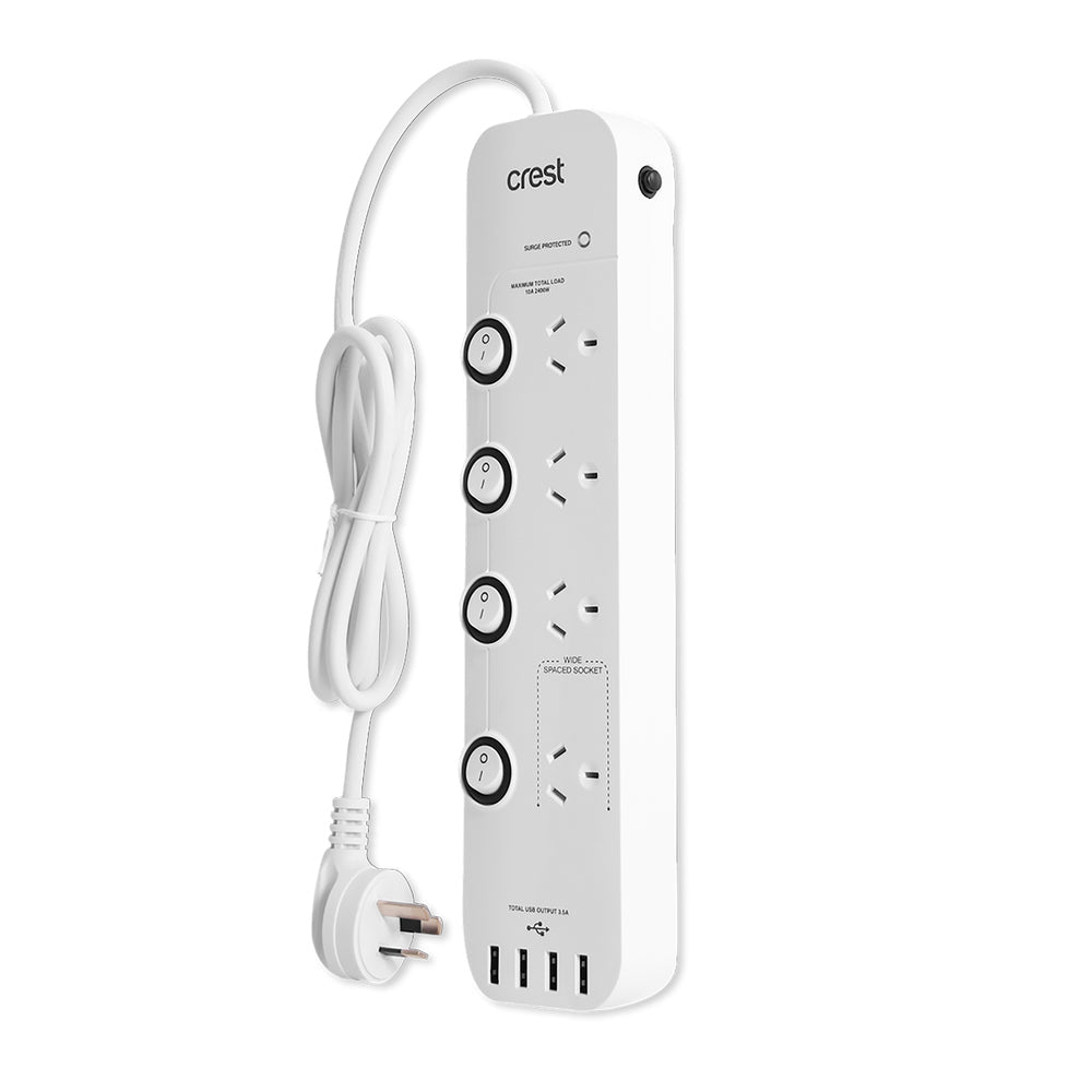 Crest 4-Socket 1.2m Power Board Surge Protected Outlets w/ 4x USB Ports White — image 3