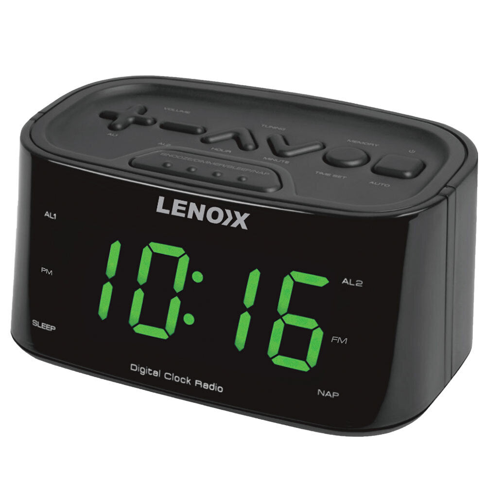 Lenoxx FM Radio Dual Alarm Clock/Large Big LED Digital Display w/USB Charger Black