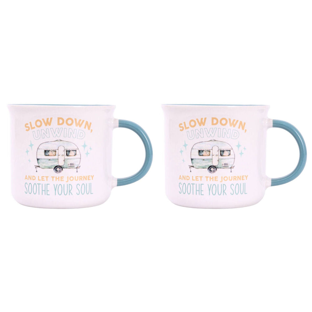 Splosh Caravan Slow Down Ceramic Coffee Mug 390ml/10cm Camping Cup White (2 Pack)