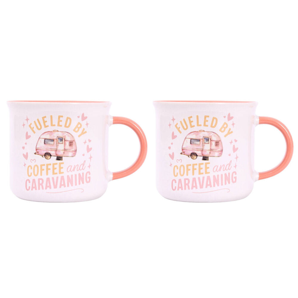 Splosh Caravan Fuelled By Ceramic Coffee Mug 390ml/10cm Camping Cup Pink (2 Pack)