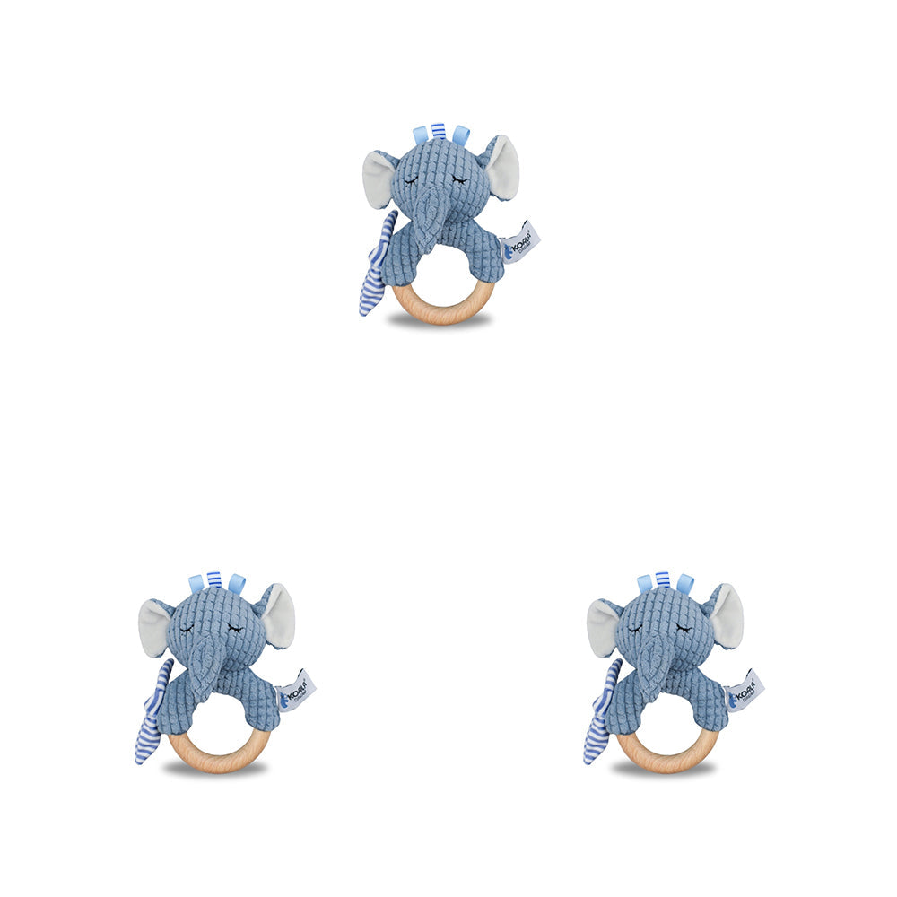 Koala Dream Snuggle Buddy Trunks Elephant Wood Baby Ring Rattle Blue 0M+ (3 Pack)