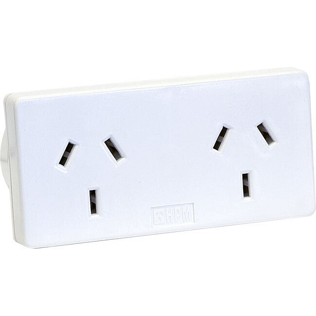 HPM Slim Right 10A Mains Power Slimline Twin/Double Powerpoint Adaptor White