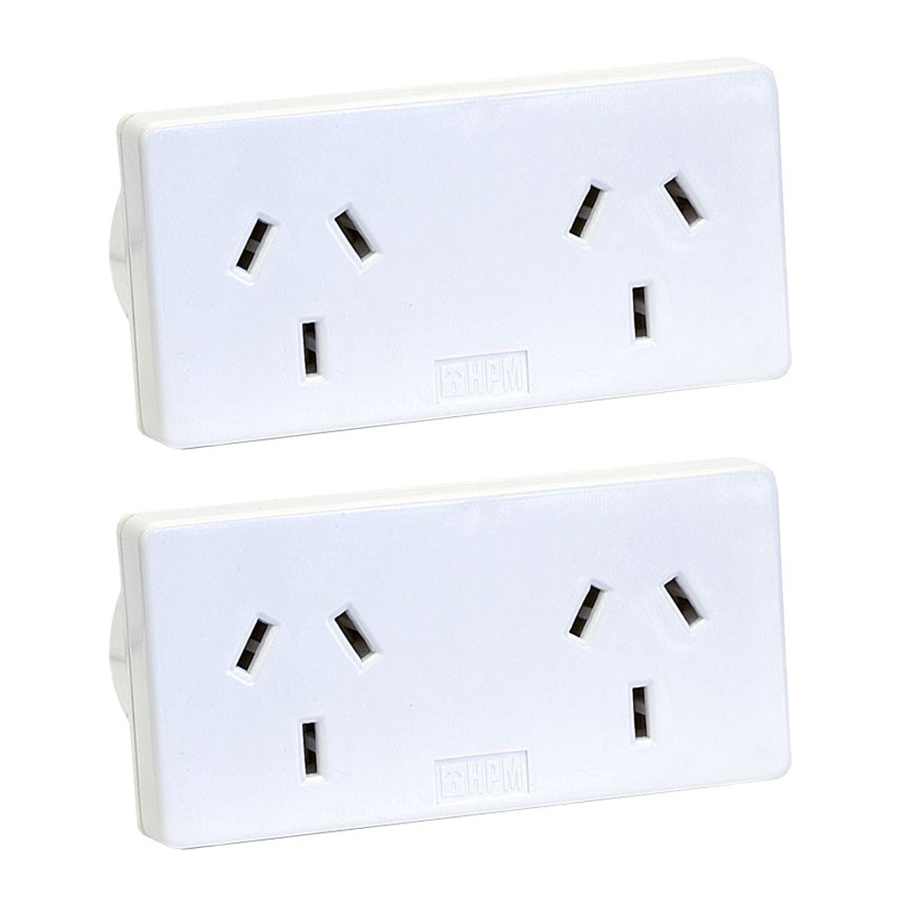HPM Slim Right 10A Mains Power Slimline Twin/Double Powerpoint Adaptor White (2 Pack)