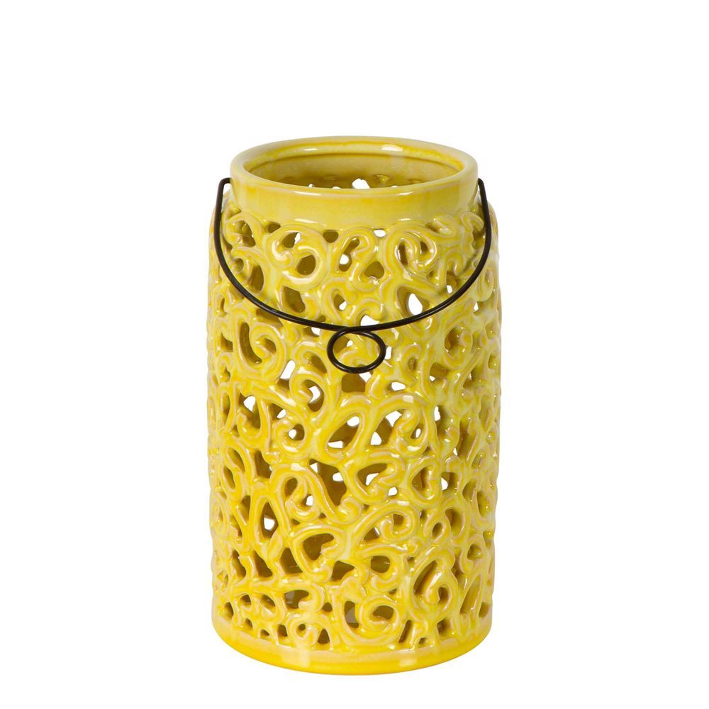 Belle Portofino Hurricane Ceramic Lantern Candle Holder w/ Handle 25.5cm Yellow