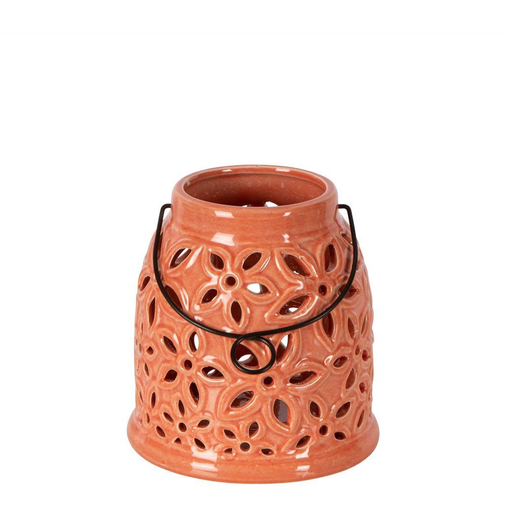 Belle Cinque Terre Hurricane Ceramic Lantern Candle Holder w/ Handle 18cm Orange