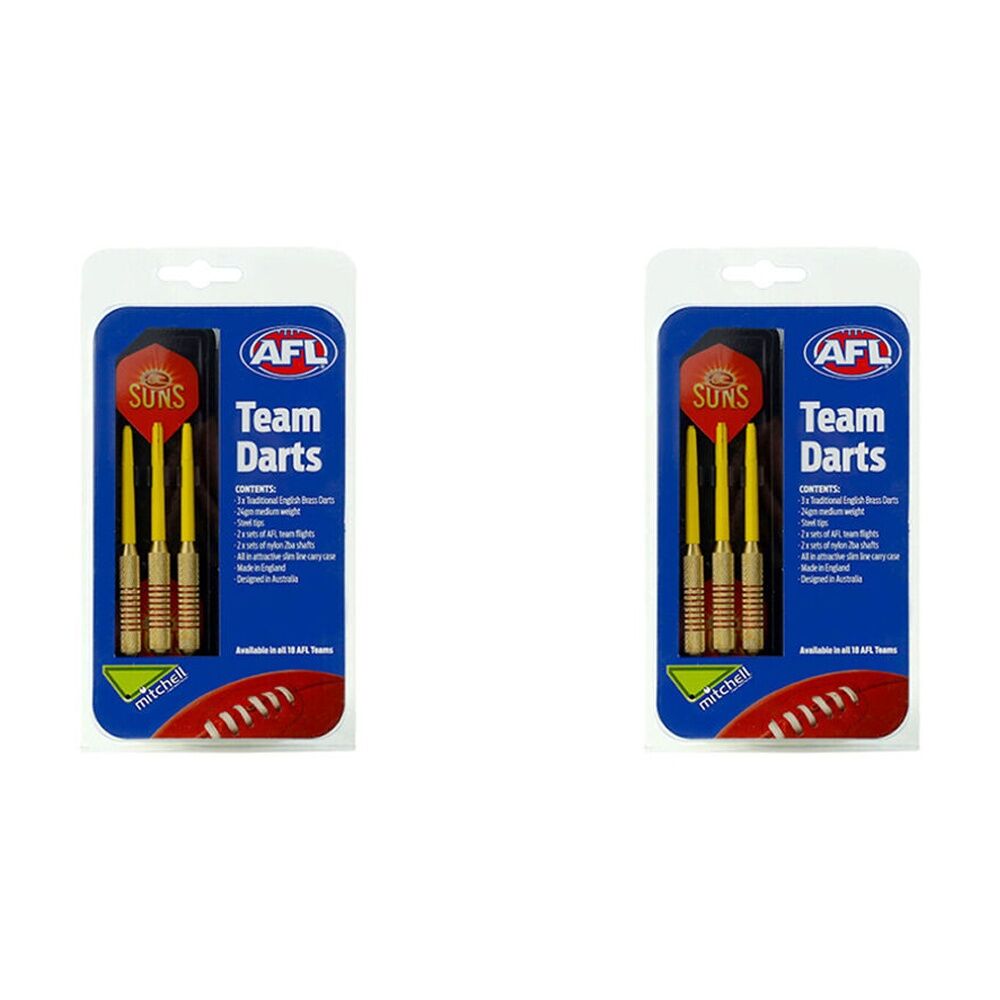 Afl 3pc AFL Brass Darts Gold Coast Suns Team Design Flights & Shafts In Case (2 Pack)