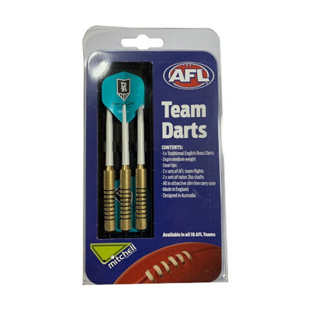 Afl Brass Darts Port Adelaide Power Team Design Flights & Shafts In Case (3 Pieces)