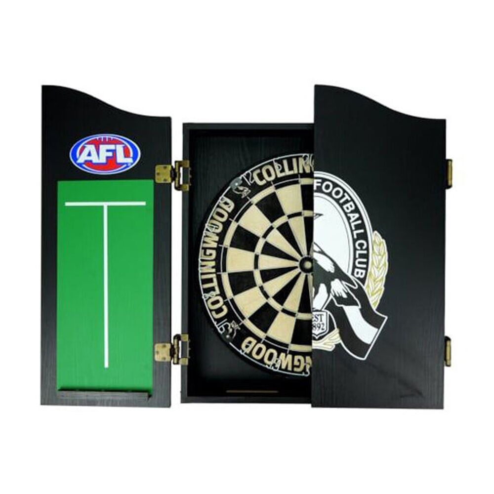 Afl Dartboard and Cabinet Set Black Finish Collingwood Magpies Team Design