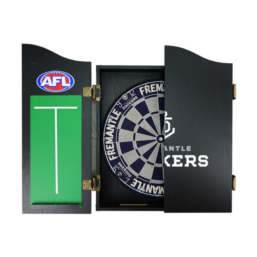 Afl Dartboard and Cabinet Set Black Finish Fremantle Dockers Team Design