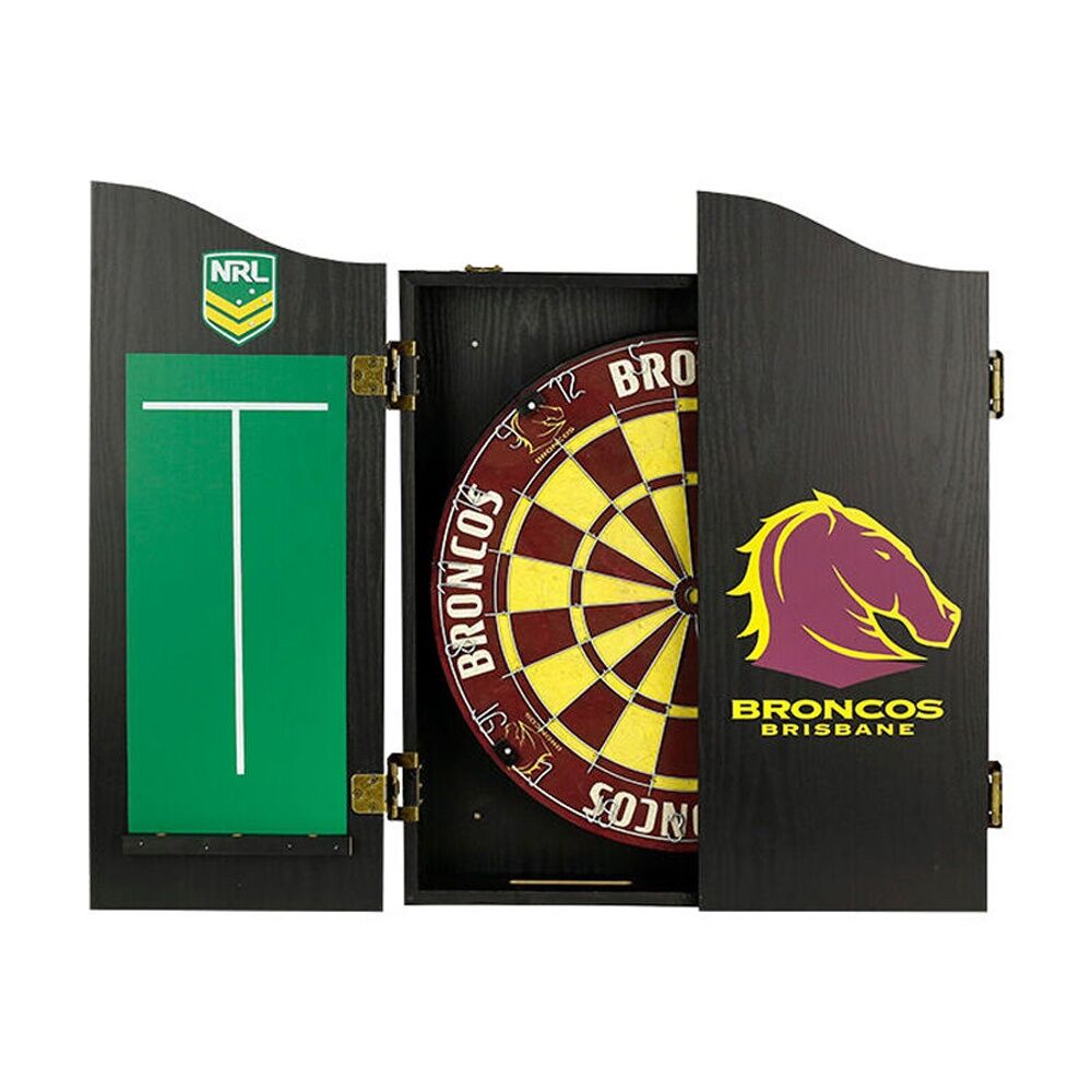 NRL Dartboard and Cabinet Set Black Finish Brisbane Broncos Team Design