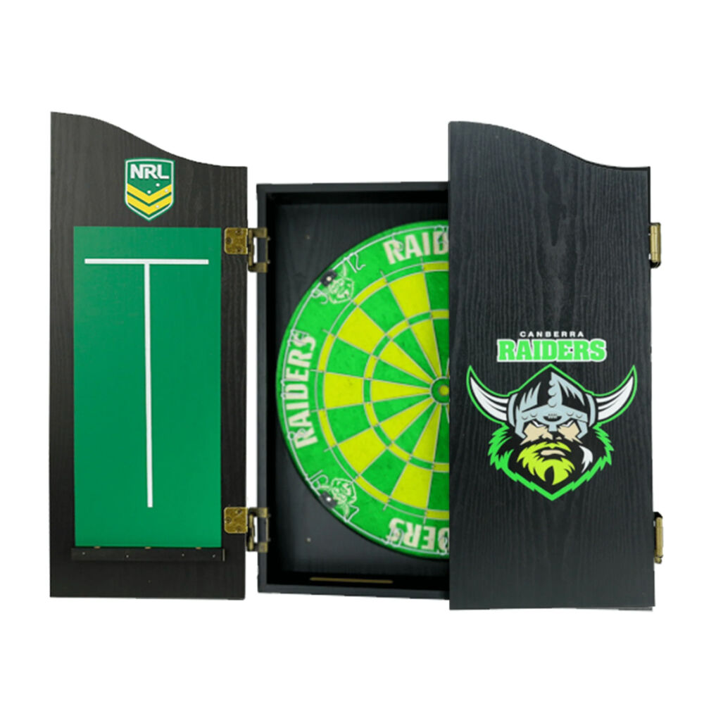 NRL Dartboard and Cabinet Set Black Finish Canberra Raiders Team Design