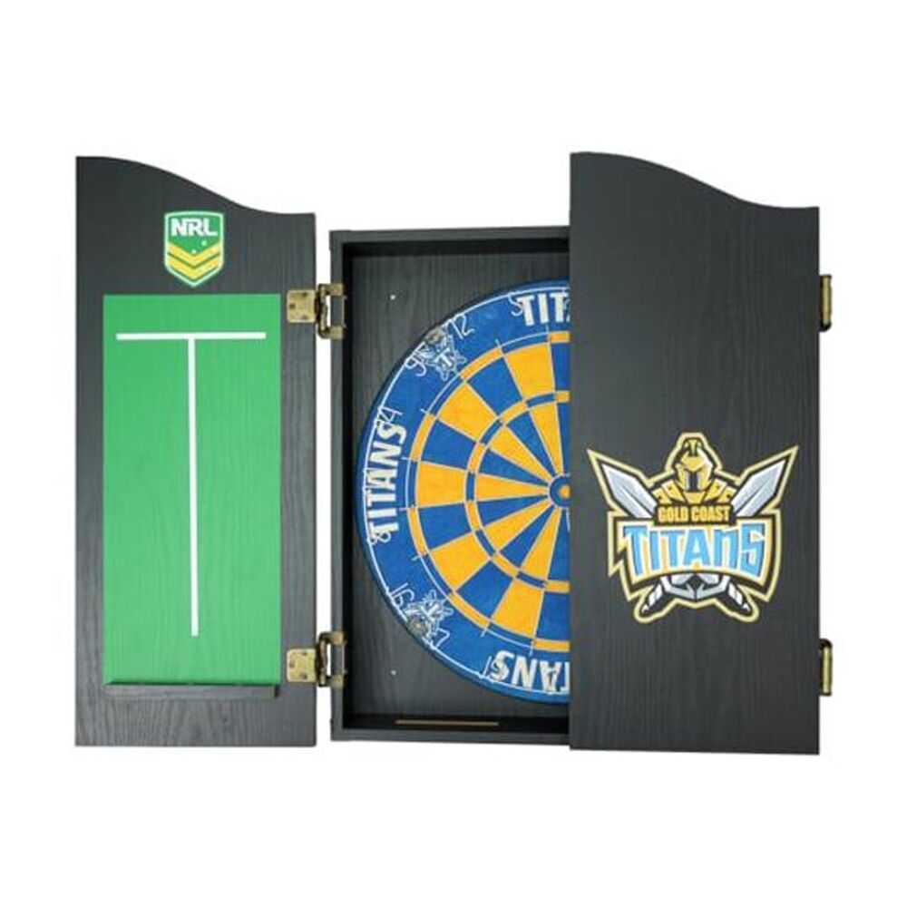 NRL Dartboard and Cabinet Set Black Finish Gold Coast Titans Team Design