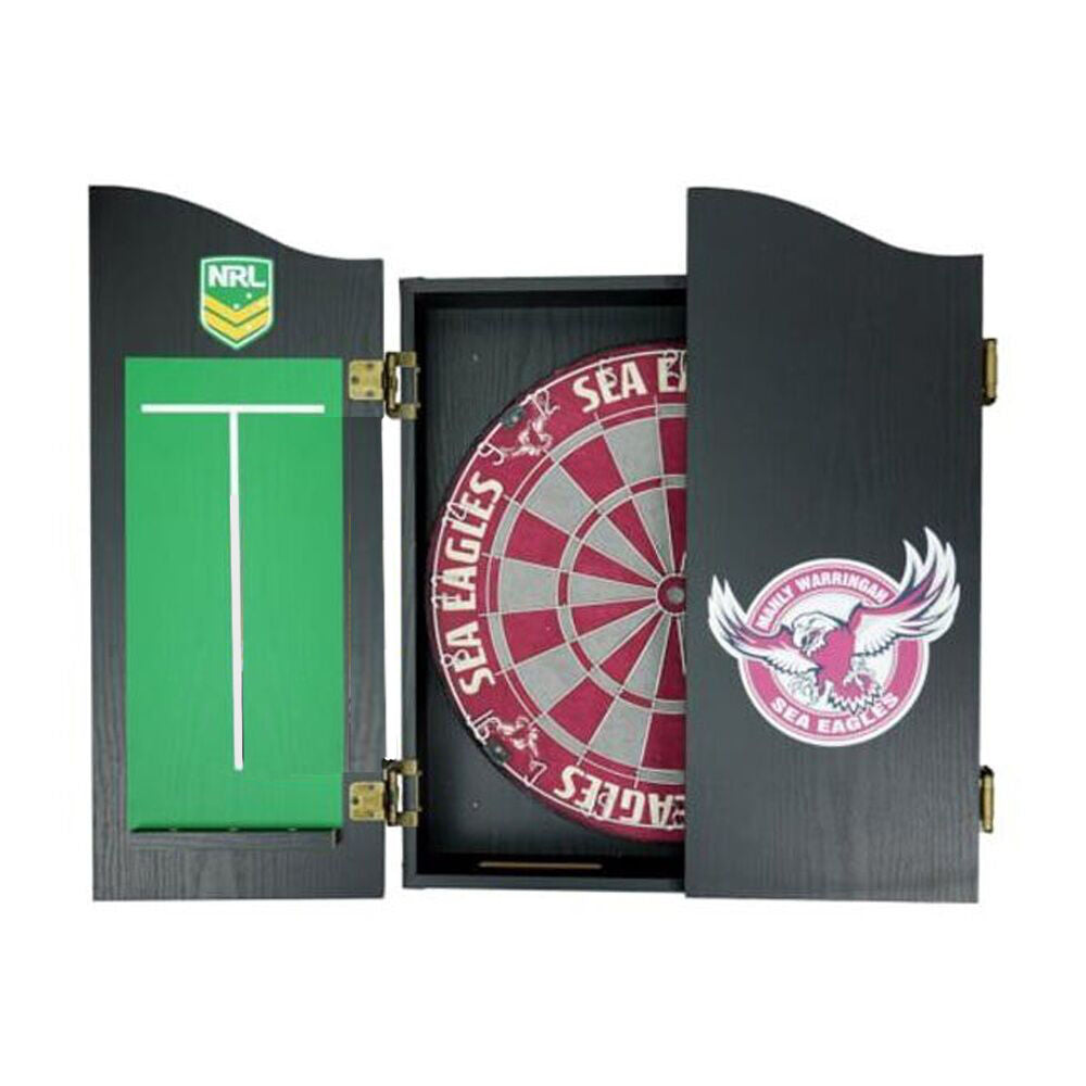NRL Dartboard and Cabinet Set Black Finish Manly Sea Eagles Team Design