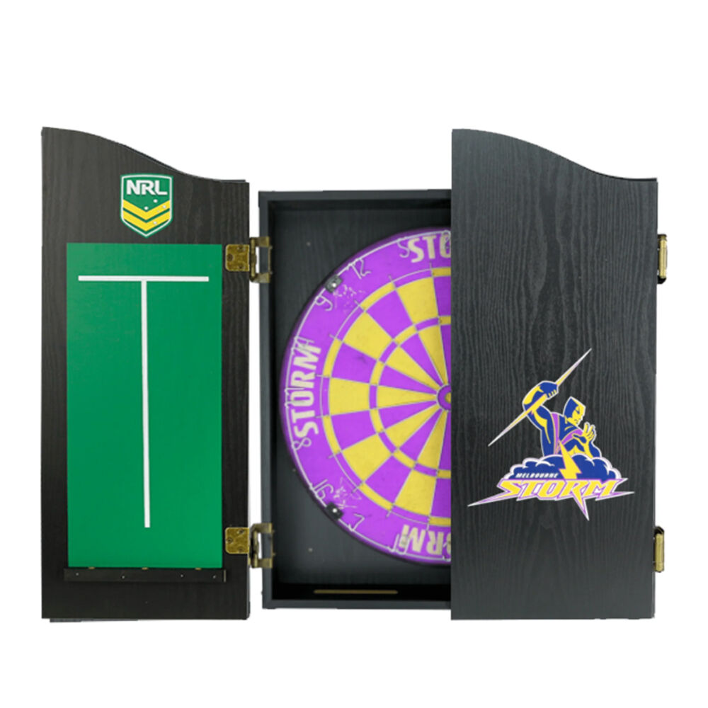 NRL Dartboard and Cabinet Set Black Finish Melbourne Storm Team Design