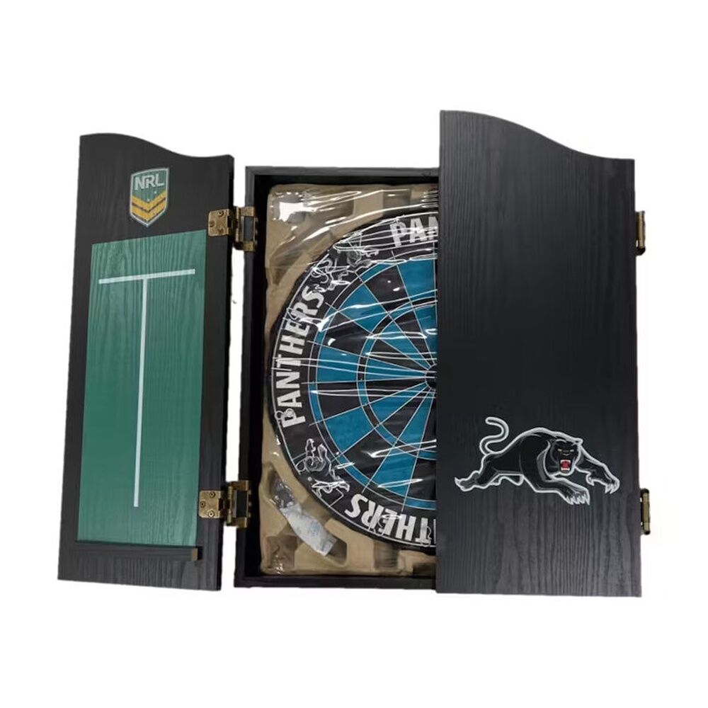 NRL Dartboard and Cabinet Set Black Finish Penrith Panthers Team Design
