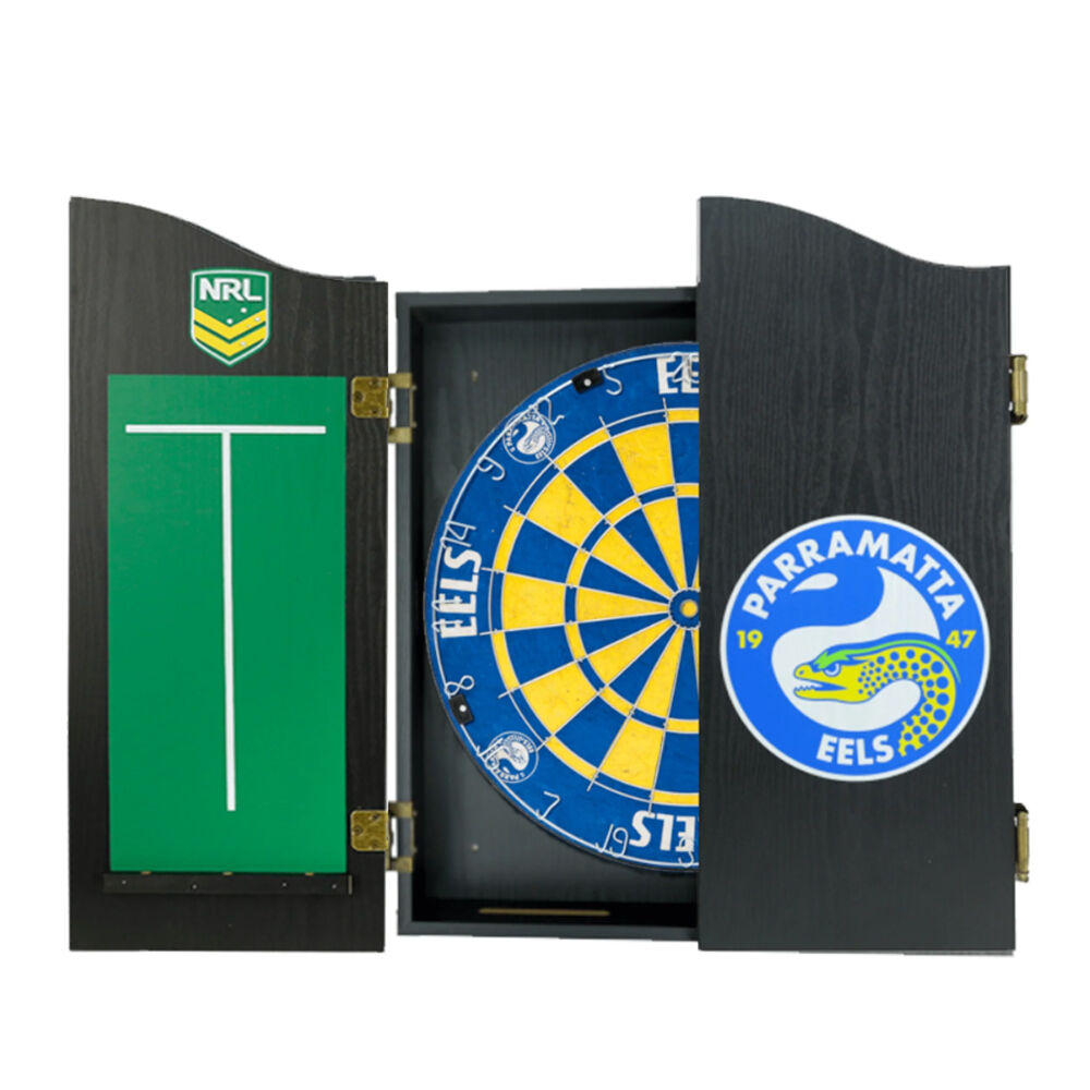 NRL Dartboard and Cabinet Set Black Finish Paramatta Eeels Team Design