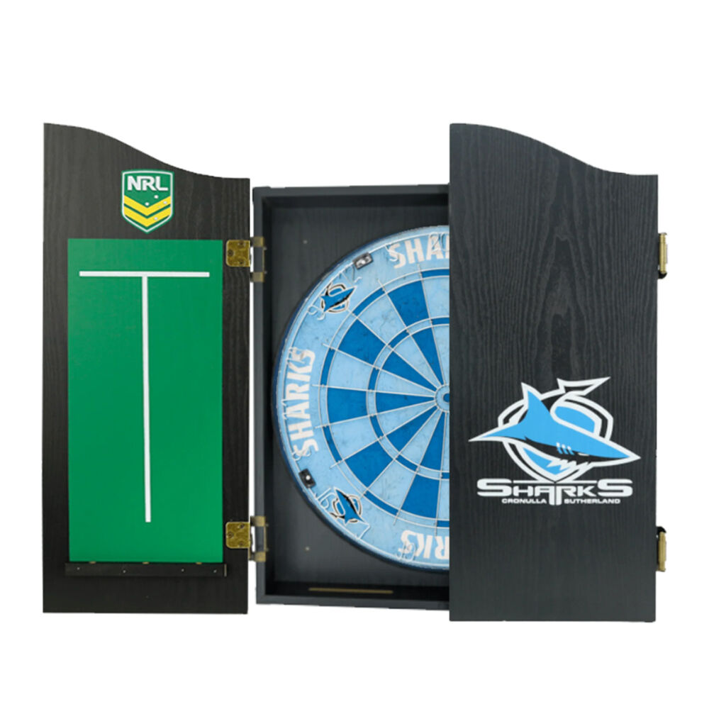 NRL Dartboard and Cabinet Set Black Finish Cronulla Sharks Team Design