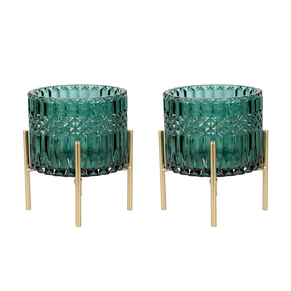 Belle Demi Glass/Iron Tealight Holder Large 13cm - Emerald (2 Pack)