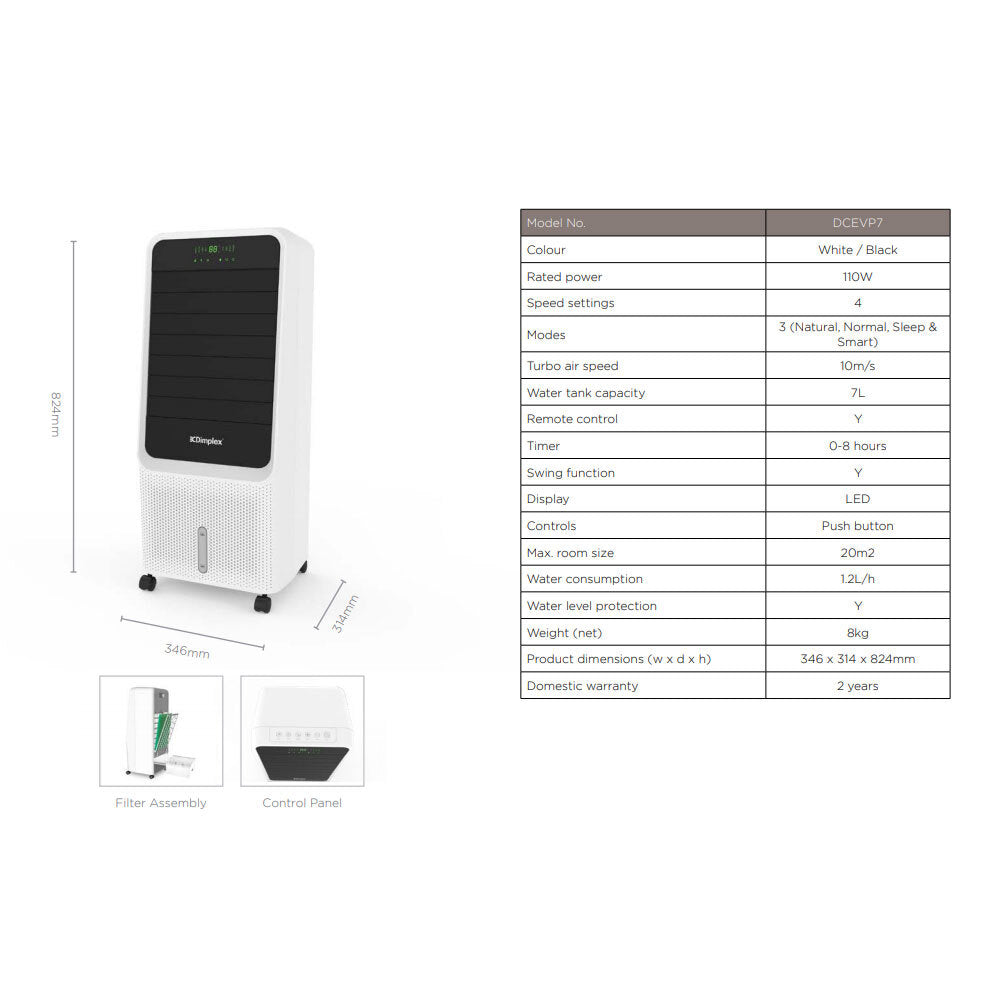 Dimplex 7L Evaporative Air Cooler w/ 8 Hour Timer/4 Speeds Portable Fan White — image 2