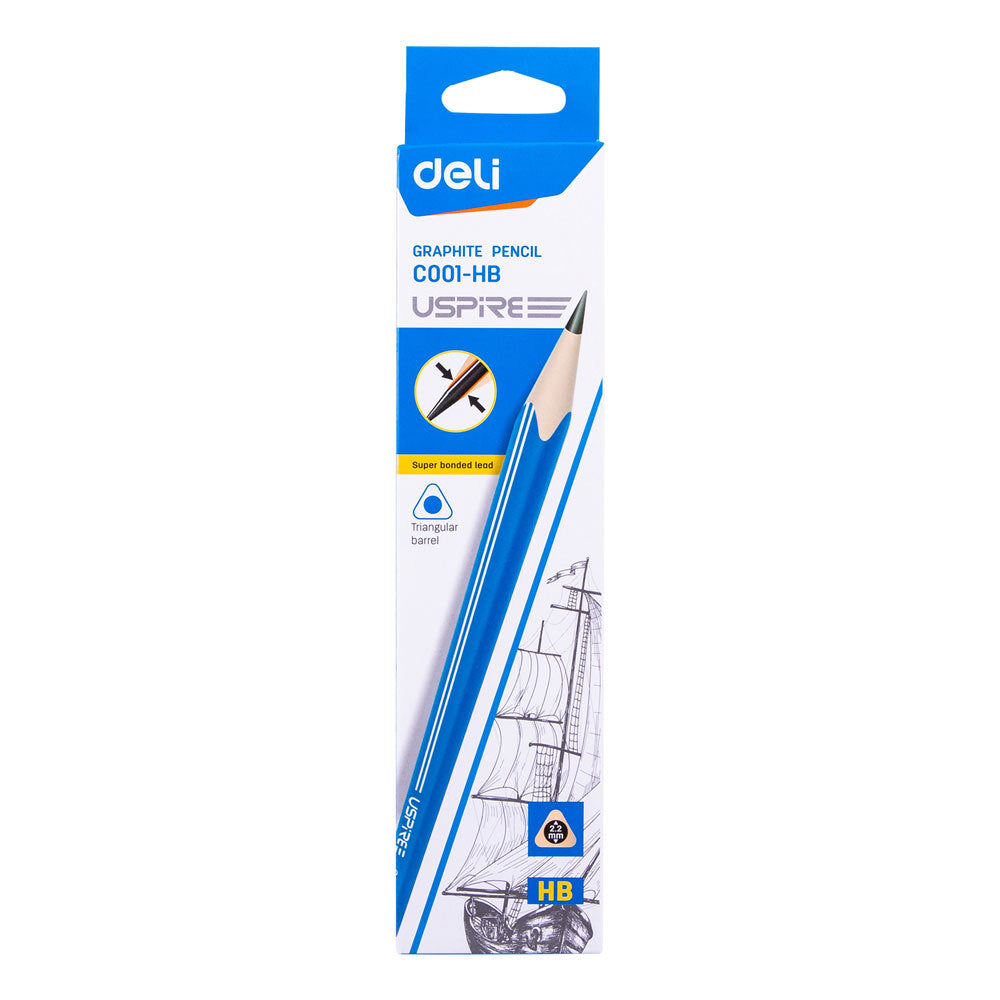 Deli HB Triangular Graphite Pencil With Eraser Tip School Stationery (12 Pack)