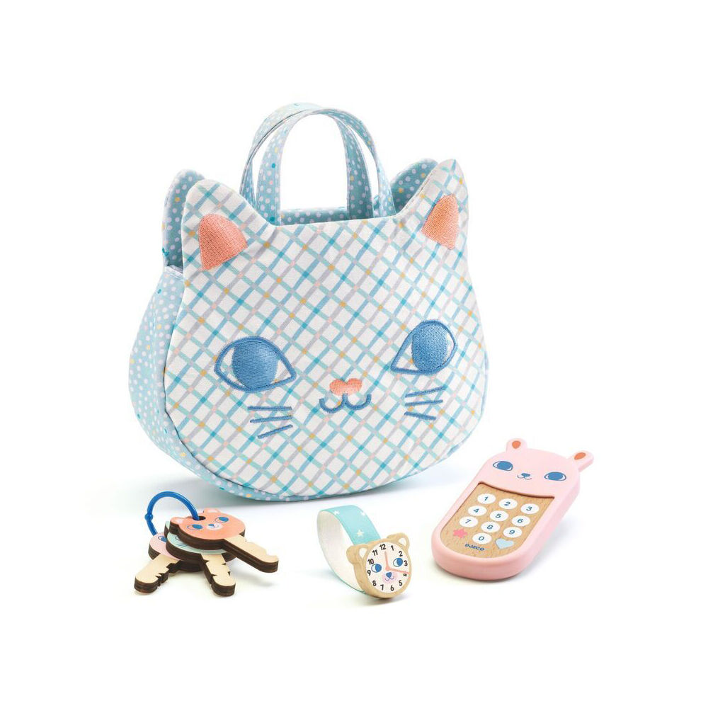 Djeco Baby Cat Handbag w/ Phone/Keys/Accessories Kids Pretend Play Toy 18m+ (7 Pieces)