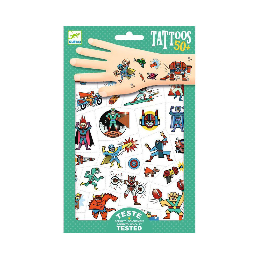 Djeco Heroes vs Villains Temporary/Fake Tattoos Sticker Party Kids 3y+ (50 Pieces)