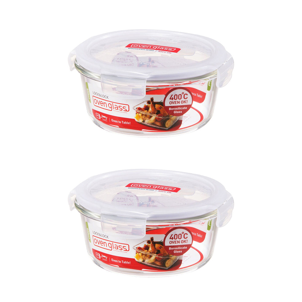 Locknlock 650ml Euro Round Borosilicate Glass Food Container - Clear (2 Pack)