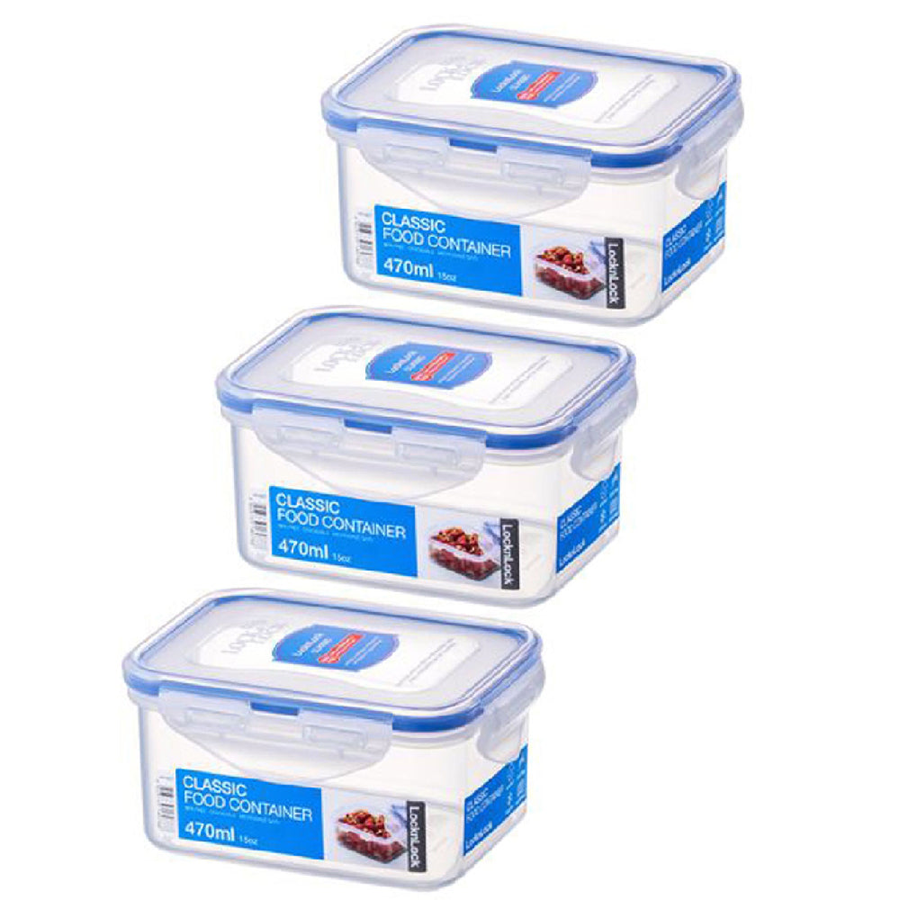 Locknlock 470ml Airtight Classic Rectangle Food Storage Container Short Clear (3 Pack)