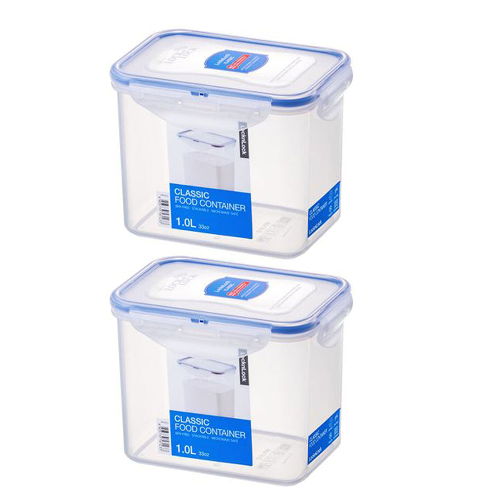 Locknlock 1L Airtight Classic Rectangle Food Storage Container Tall Clear (2 Pack)