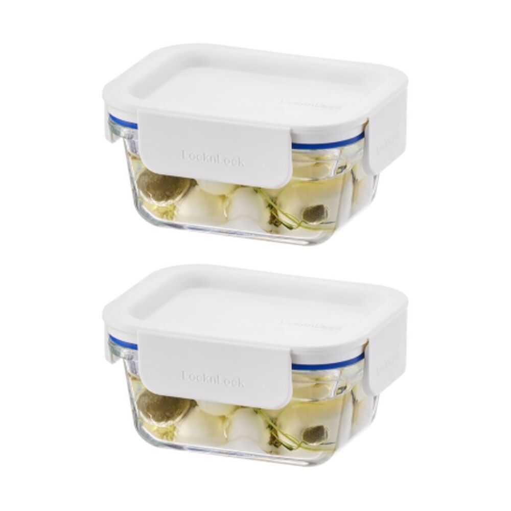 Locknlock Clear Glass Food Storage Container Microwave Safe 380ml White Lid (2 Pack)