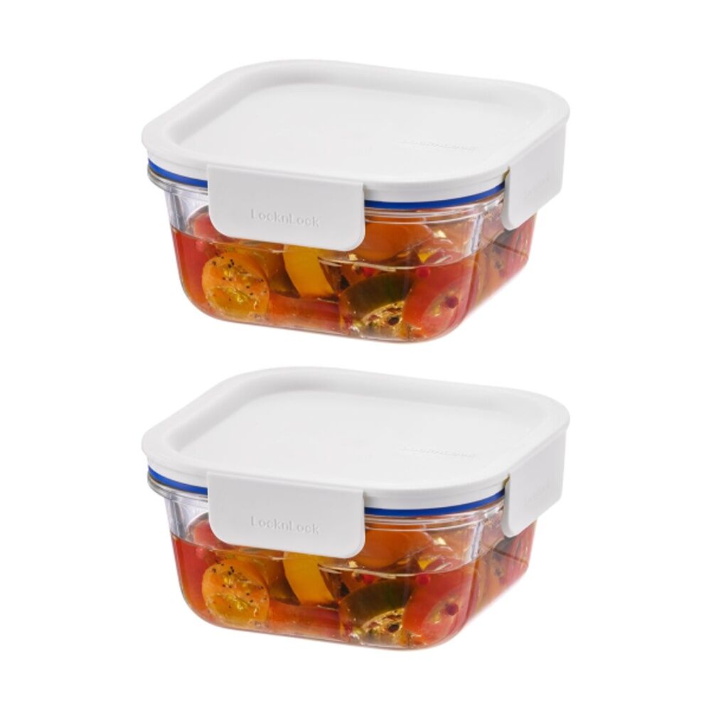 Locknlock Clear Glass Food Storage Container Microwave Safe 500ml White Lid (2 Pack)