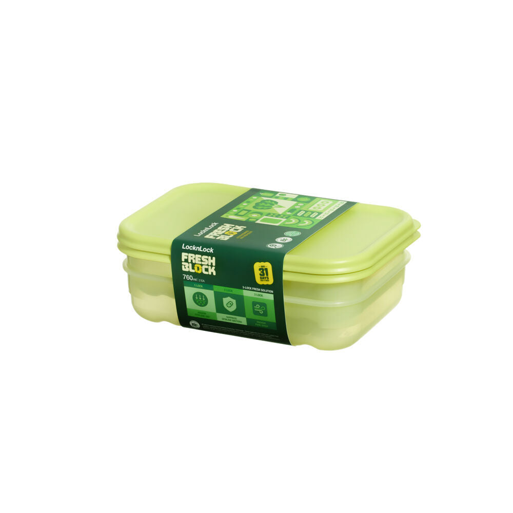 Wahu 2pc LocknLock Fresh Block 760ml Food Storage Container Set 20.6x14.6cm Green (2 Pack) — image 3