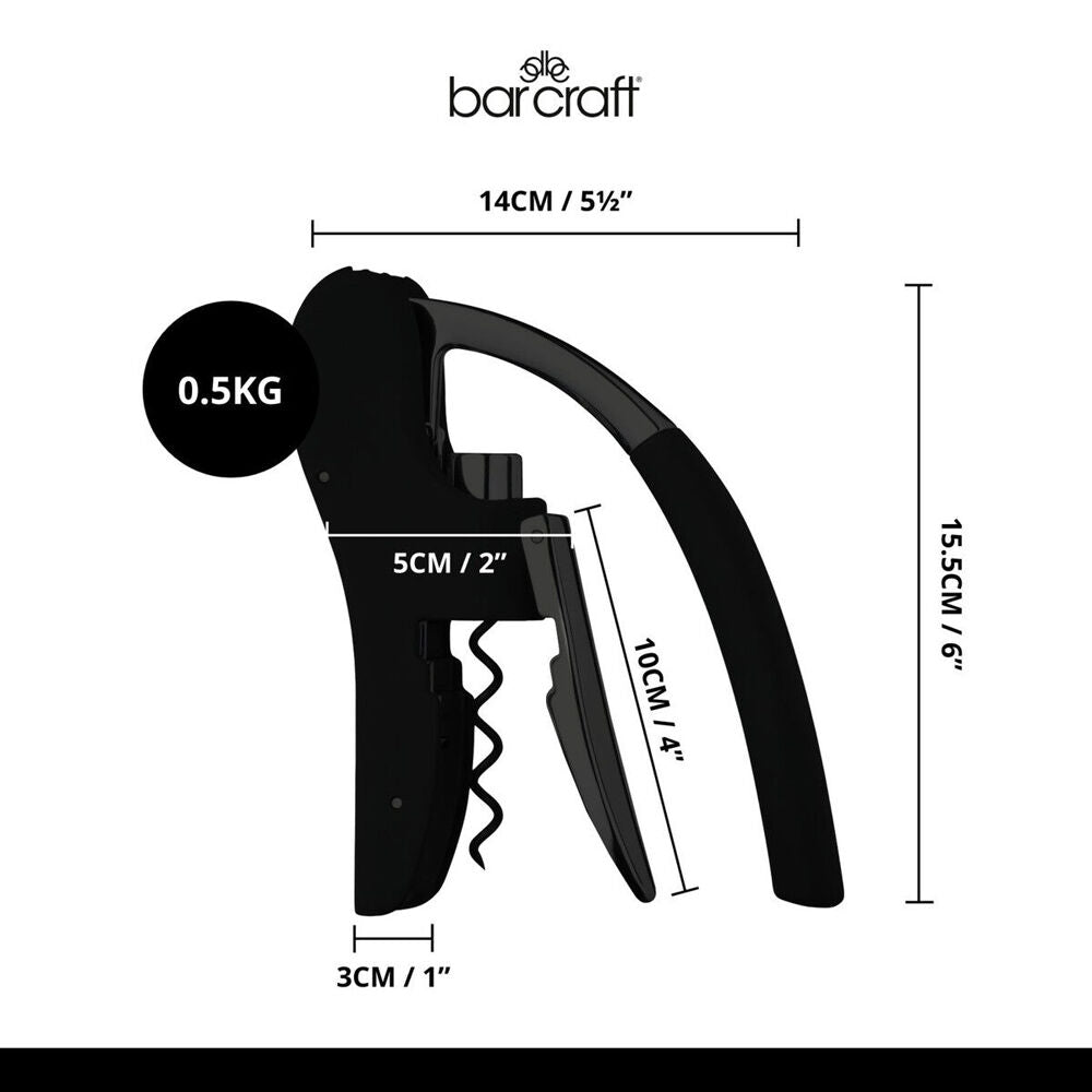 Barcraft Lever Arm Chrome Corkscrew Bottle Opener w/Foil Cutter 15.5cm Black — image 2