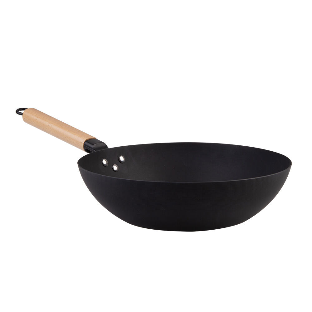 D.Line Carbon Steel Pre-Seasoned Stir Fry Pan 30cm w/ Beechwood Handle Black