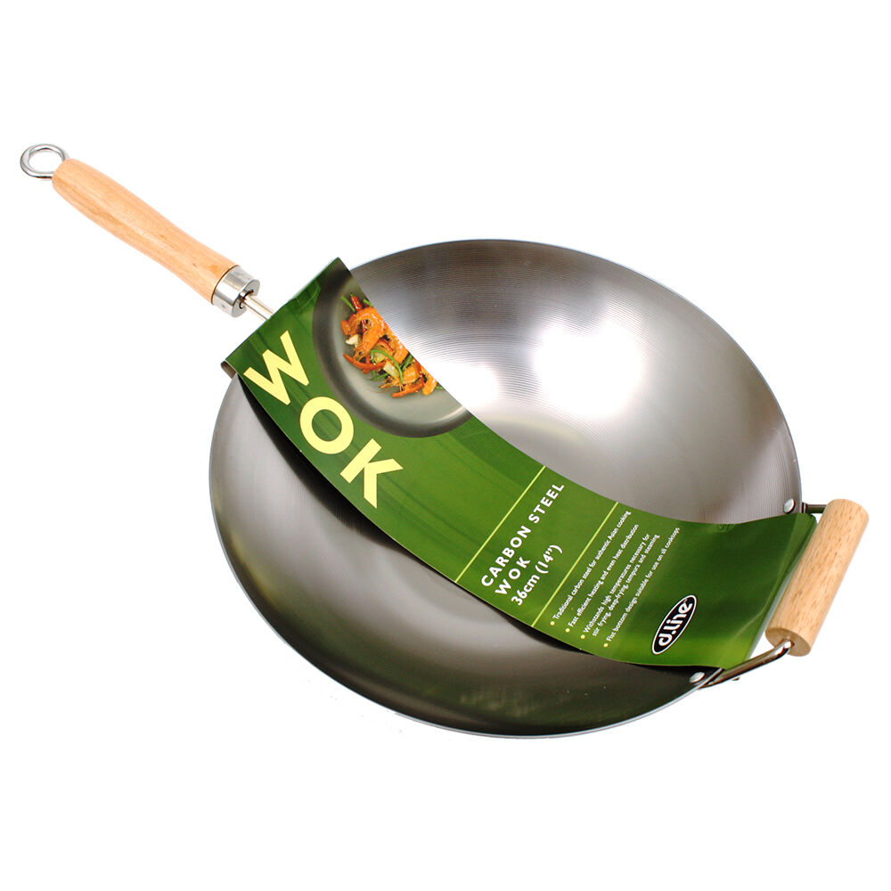 D.Line Carbon Steel Stir Fry Wok Cooking Pan 36cm w/ Wood Handle Silver