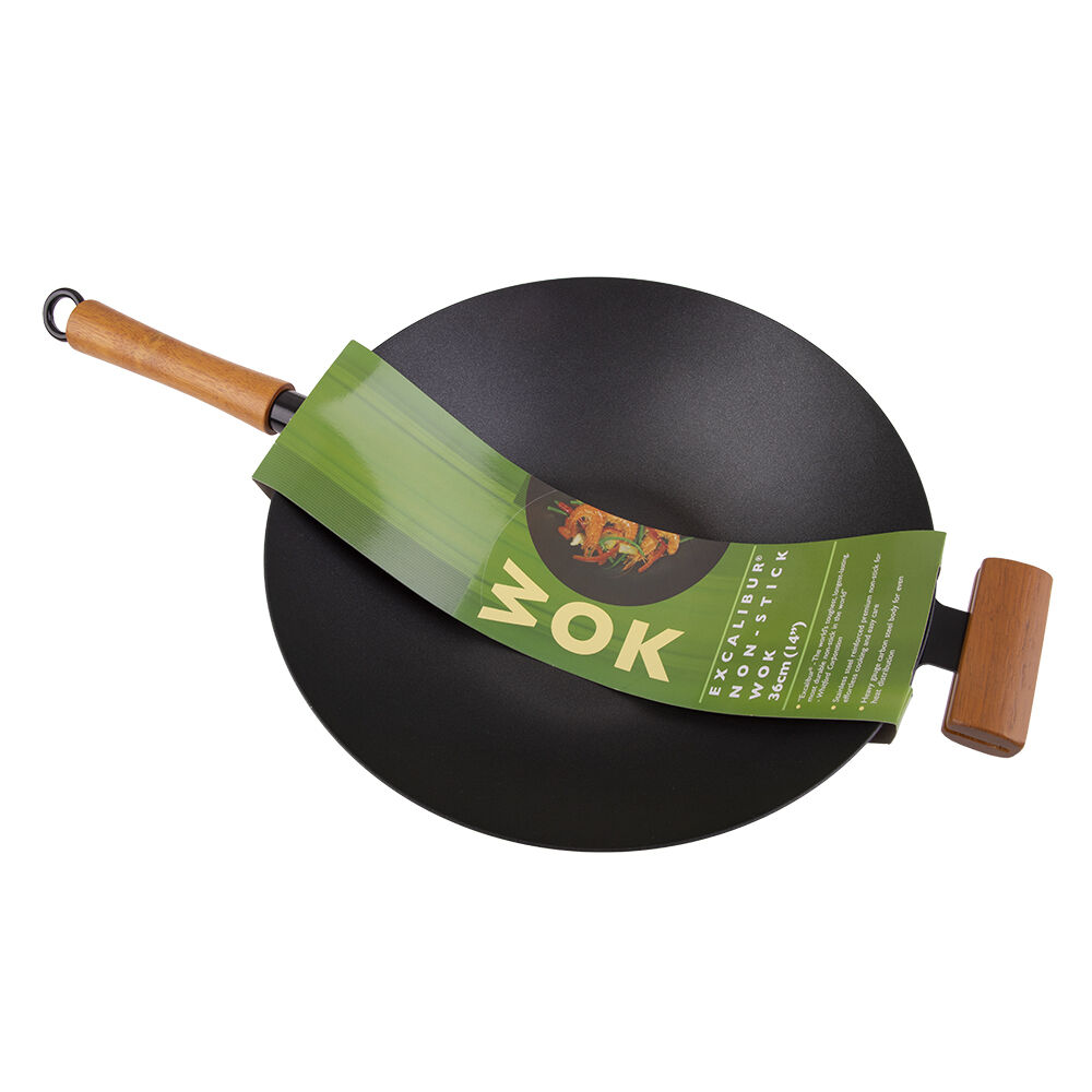 D.Line Excalibur Non-Stick Stir Fry Wok Cooking Pan 36cm w/ Wood Handle Black