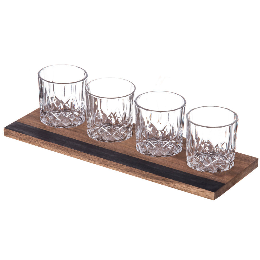 Davis & Waddell Fine Foods Whisky Flight Set Tumbler w/ Tray Clear/Natural (5 Pieces)