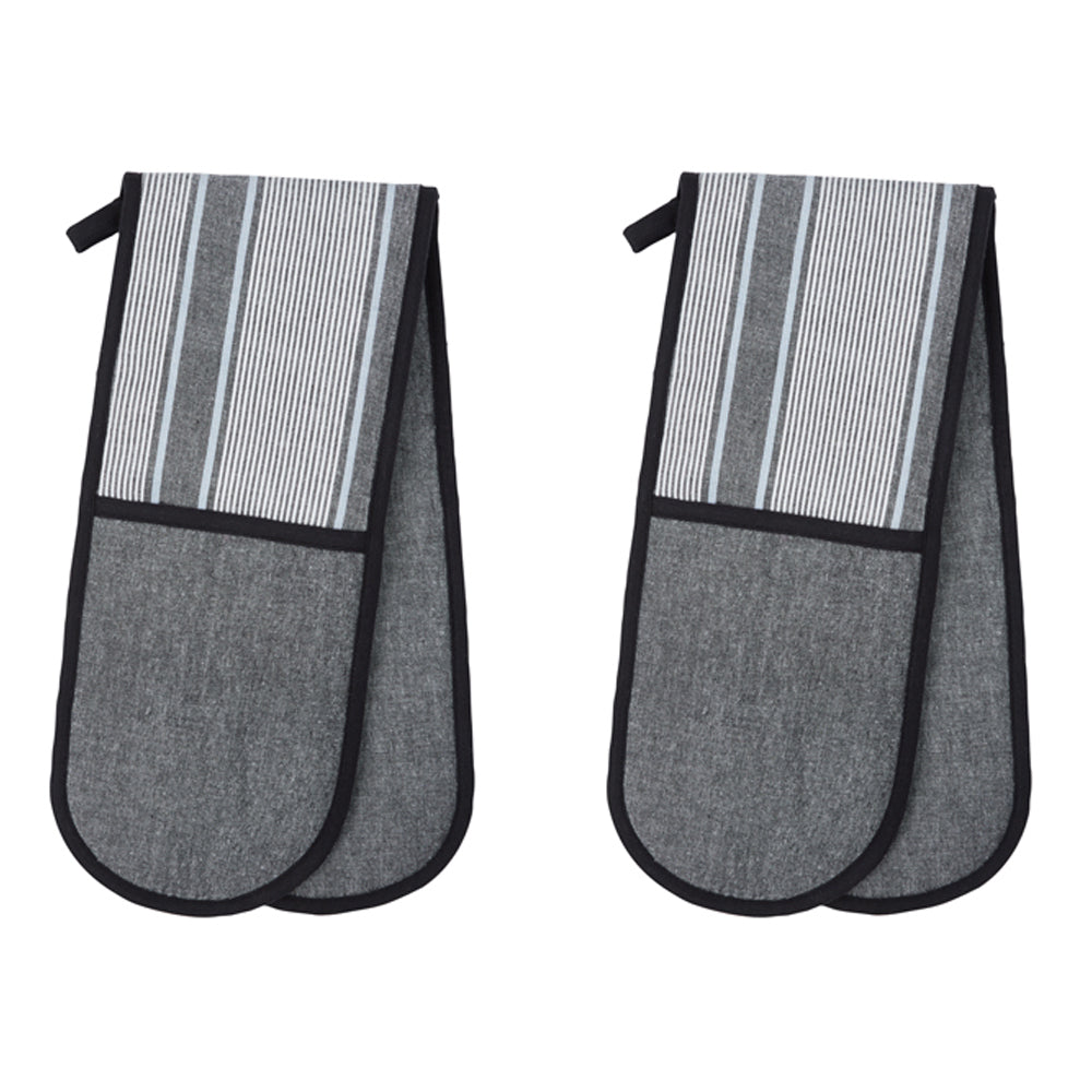 Davis & Waddell Ellis Cotton Double Oven Glove Mitt 18x90cm Black/WHT Stripe (2 Pack)