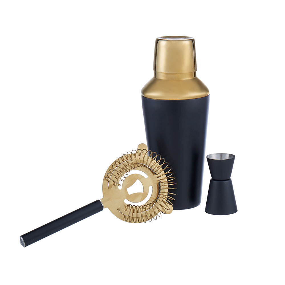 Davis & Waddell Fine Foods 3pc Black And Gold S/Steel Cocktail Bar Shaker Strainer D/Jigger Set