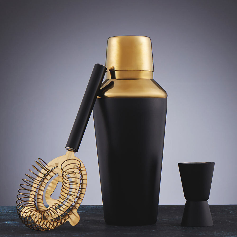 Davis & Waddell Fine Foods 3pc Black And Gold S/Steel Cocktail Bar Shaker Strainer D/Jigger Set — image 2