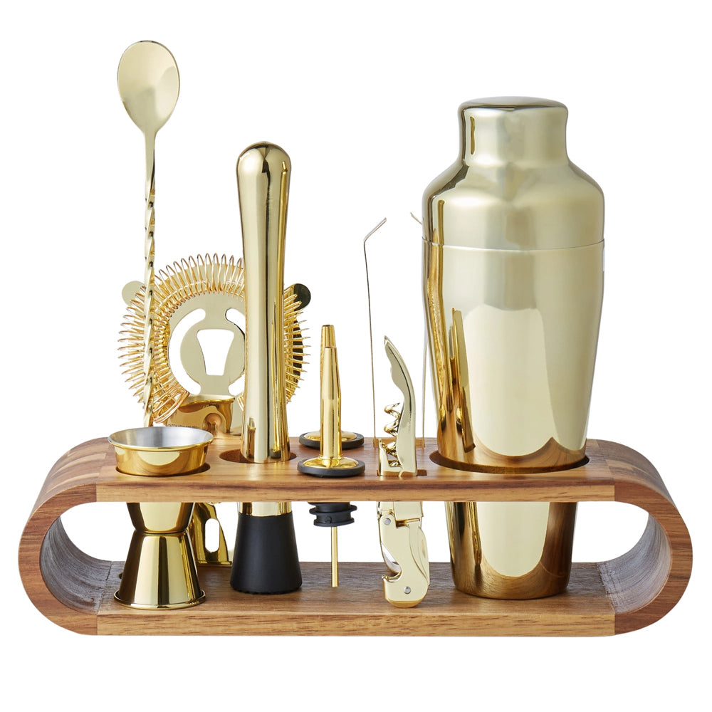 Davis & Waddell Fine Foods Bar/Cocktail Maker Shaker/Muddler Drink Set Gold w/Acacia Stand (10 Pieces)