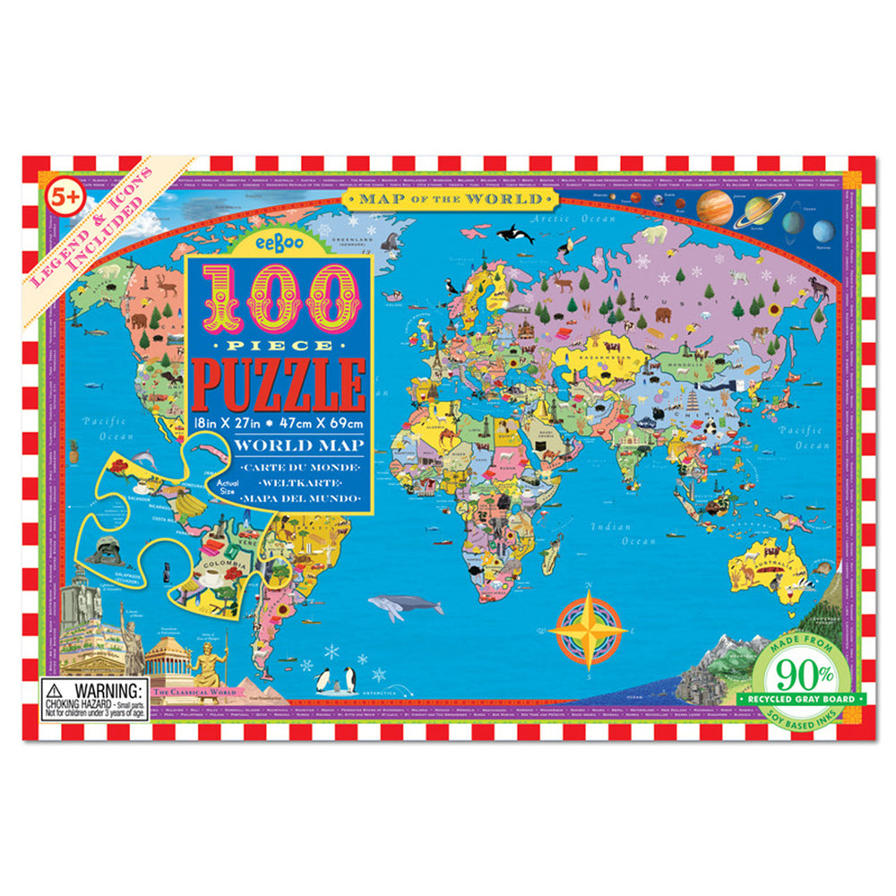 Eeboo Jigsaw Puzzle World Map 45x68cm Kids/Children Learning Game 5+ (100 Pieces)