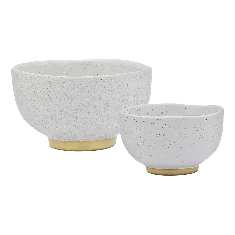 Ecology Speckle Stoneware Footed Bowls, Milk White w/GLD Base Set 11.5 /15cm (2 Pieces)