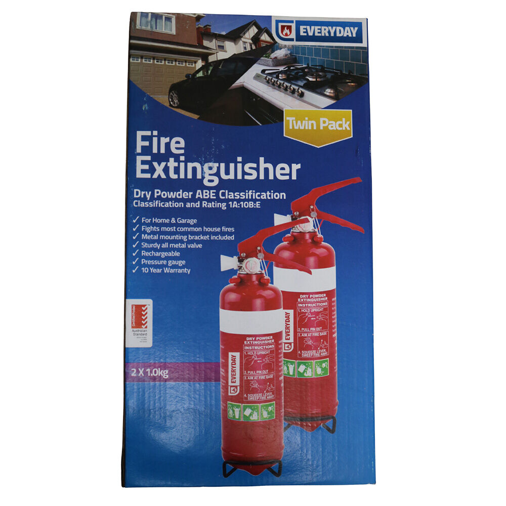 Everyday 1kg Dry Powder Essential Home Safety Fire Extinguisher 4A:40B:E (2 Pieces)